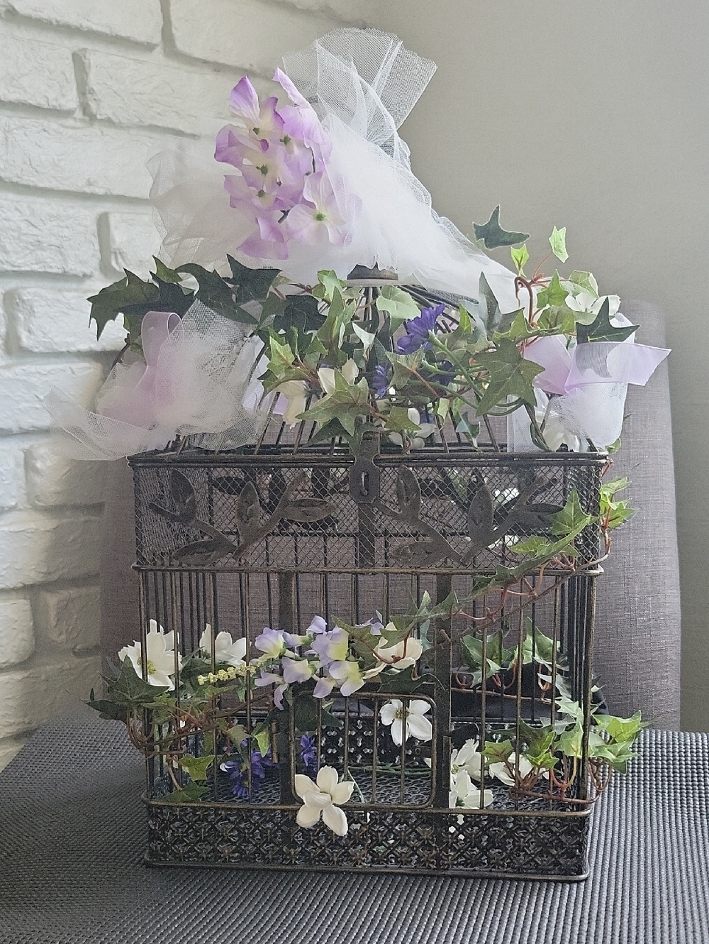 Decorative Metal Birdcage with Ivy and Lavender Floral Accents - White & Purple
